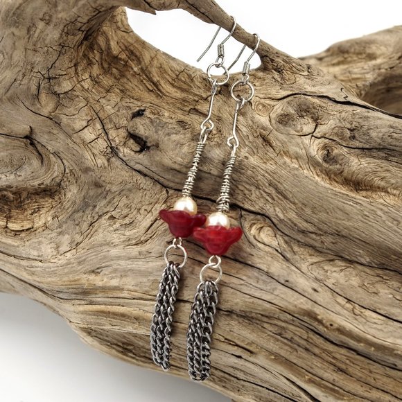 Hanging Chain Earrings with Red Glass Flower and a Pearl - Picture 1 of 7